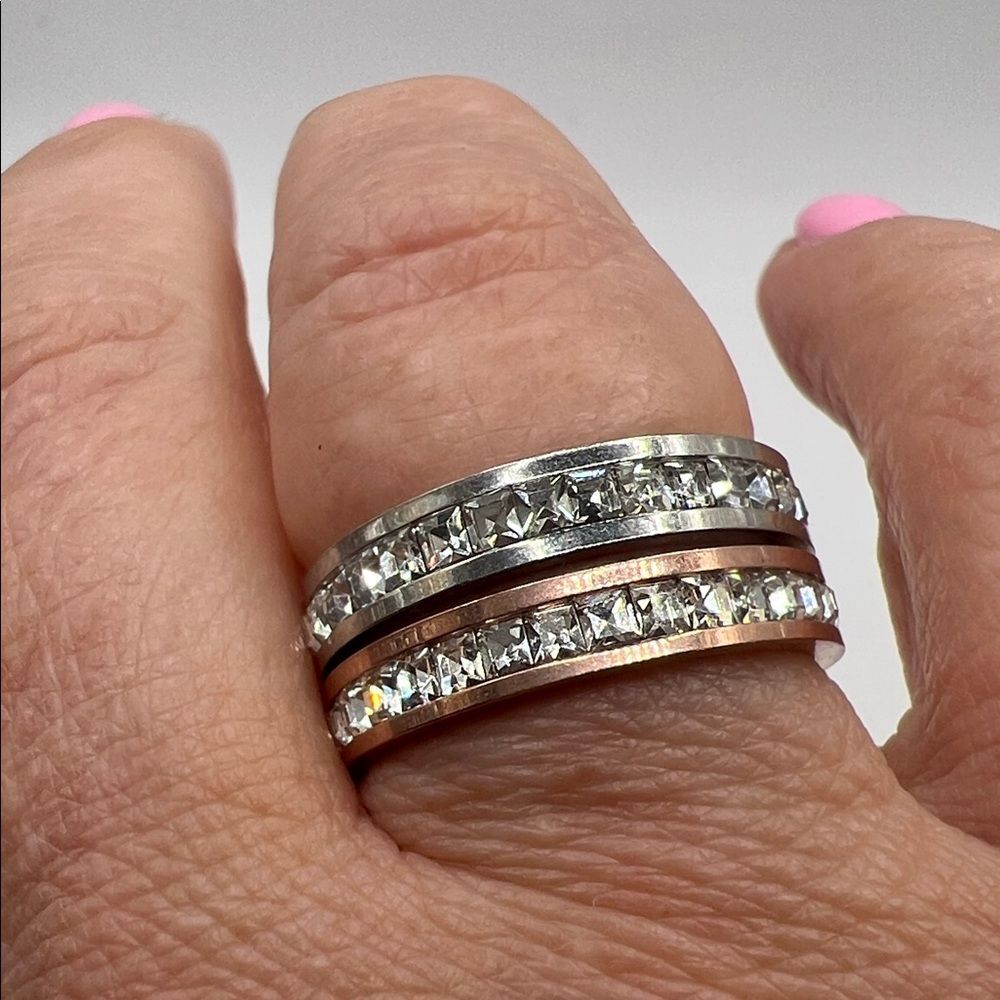 Set of Two Crystal Band Rings in Silver and Rose Gold- Size 9